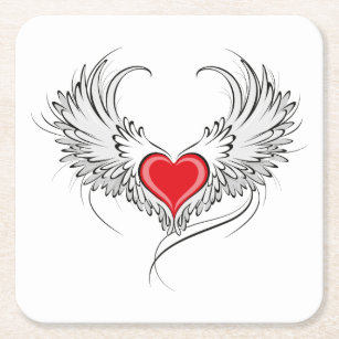Red Angel Heart with wings Square Paper Coaster