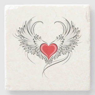 Red Angel Heart with wings Stone Coaster