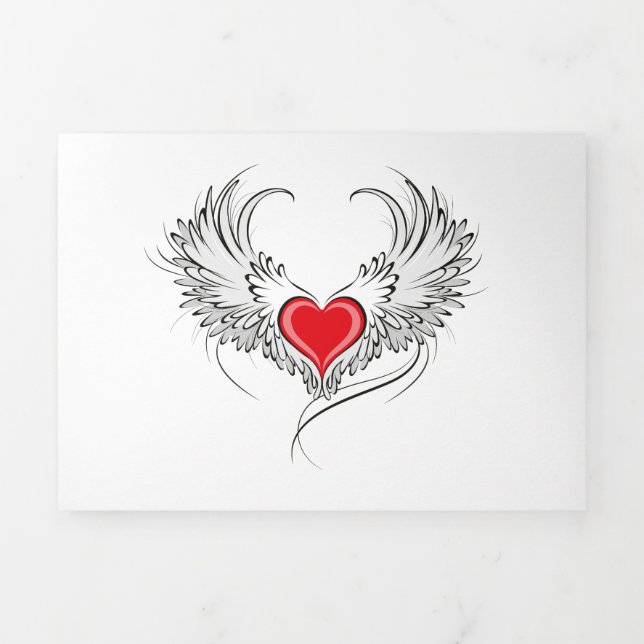 Red Angel Heart with wings Tri-Fold Holiday Card (Cover)