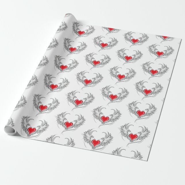 Red Angel Heart with wings Wrapping Paper (Unrolled)