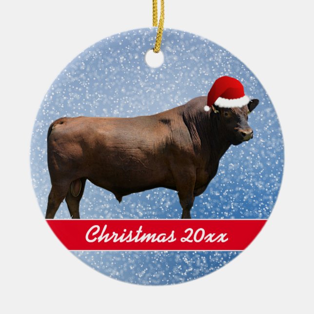 Red Angus Bull and Santa Hat Ceramic Ornament (Front)