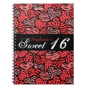 Red animal pattern hearts Sweet 16 Notebook