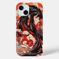 red anime girl traditional japan illustration