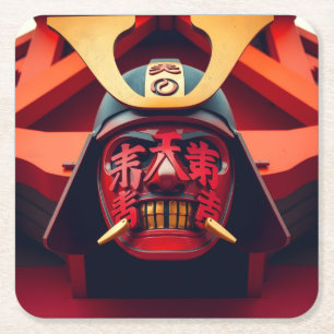 Red anime samurai mask square paper coaster