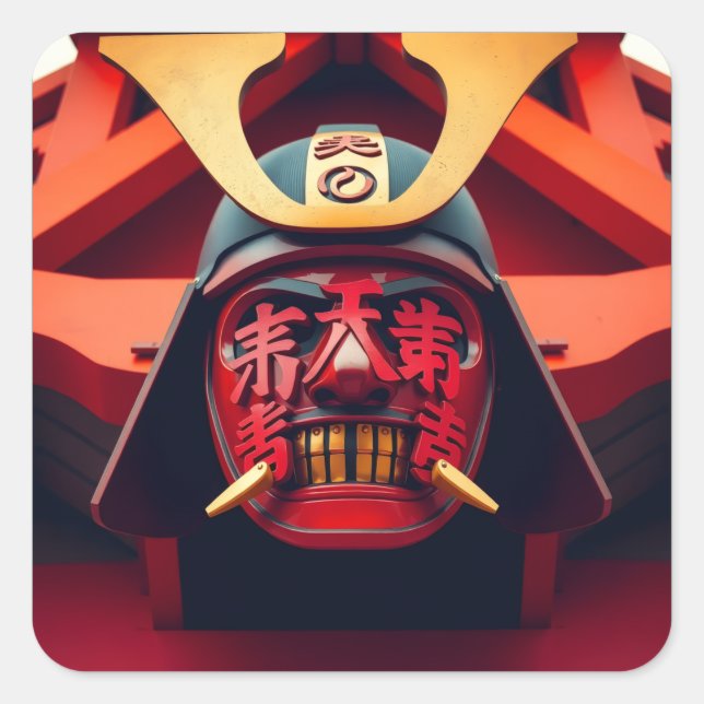 Red anime samurai mask square sticker (Front)