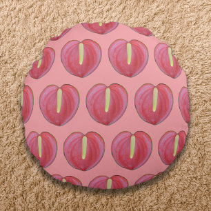 Red Anthurium Flower Seamless Pattern on Round Cushion