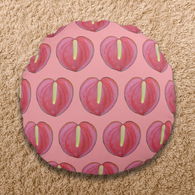 Red Anthurium Flower Seamless Pattern on Round Cushion (Red Anthurium flower seamless pattern on round throw pillow)