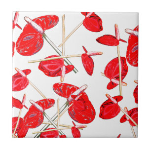 Red Anthurium Flowers Floral Pattern Ceramic Tile