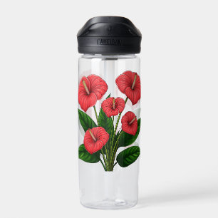Red Anthurium Flowers with Green Leaves Water Bottle