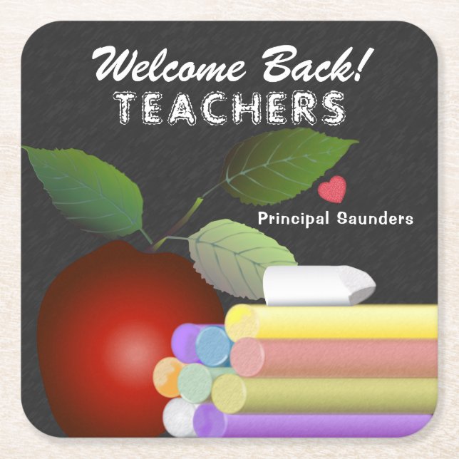 Red Apple and Chalk | Teacher Appreciation Square Paper Coaster (Front)