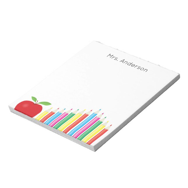 Red Apple and Coloured Pencils Teacher Notepad (Rotated)