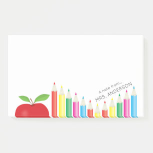 Red Apple and Coloured Pencils Teacher Personalise Post-it Notes
