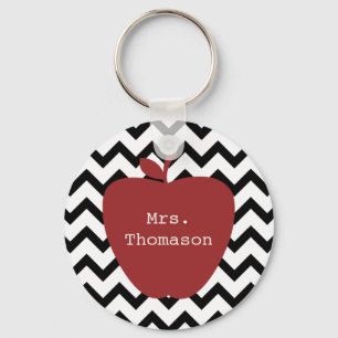 Red Apple Black & White Chevron Teacher Key Ring