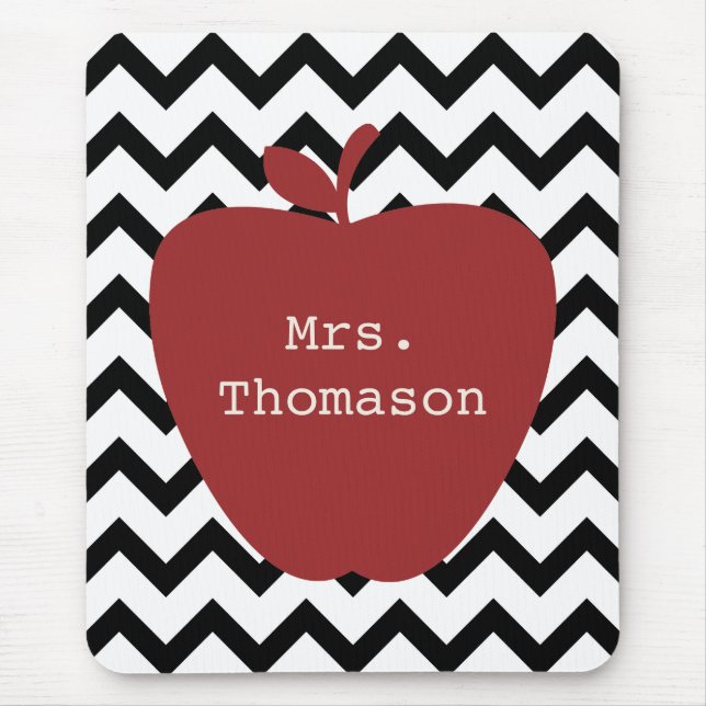 Red Apple Black & White Chevron Teacher Mouse Pad (Front)