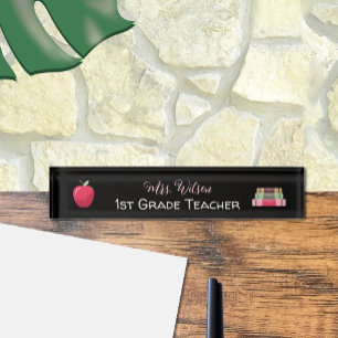 Red Apple , Books , Teacher Black Desk Nameplate
