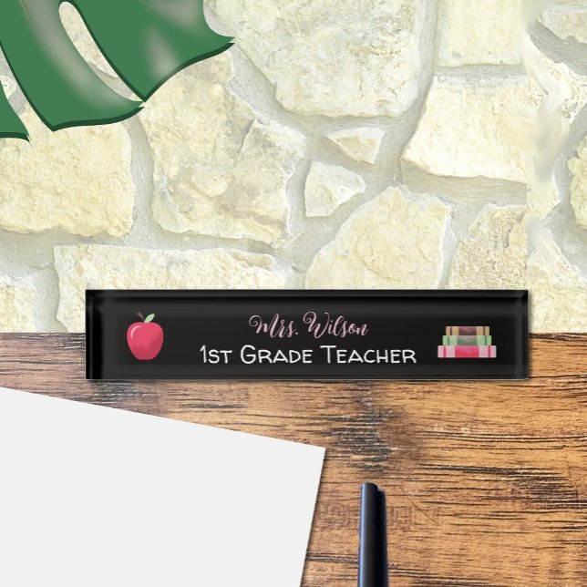 Red Apple , Books , Teacher Black Desk Nameplate (Creator Uploaded)
