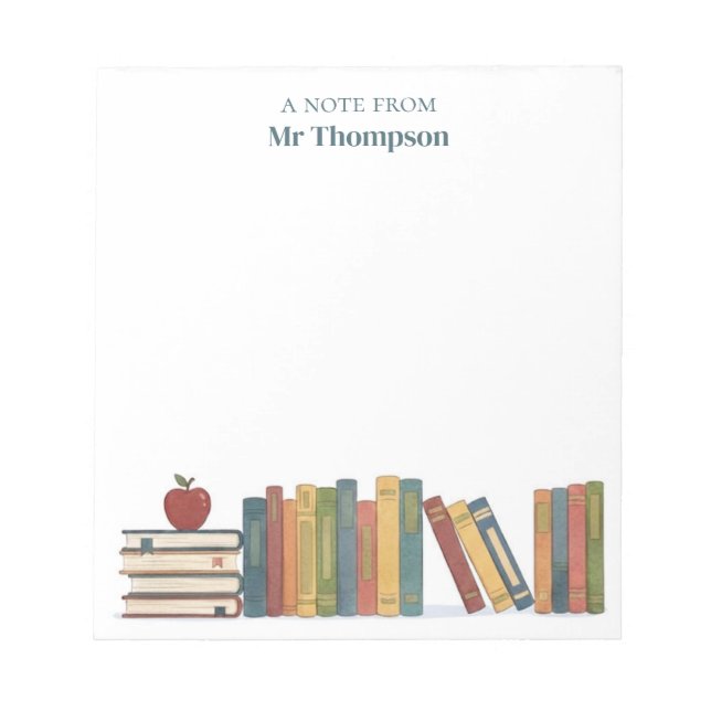 Red Apple Bookshelf Personalized Teacher Notepad (Front)