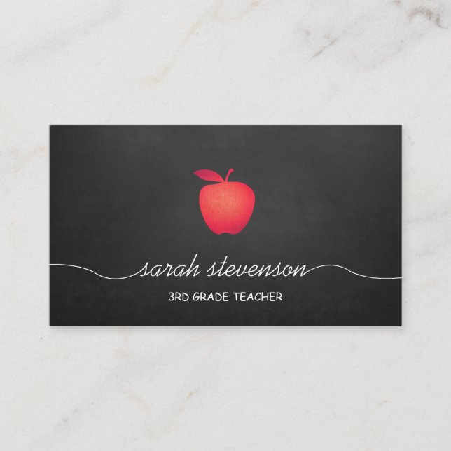 Red Apple Chalkboard Grade School Teacher Business Card (Front)