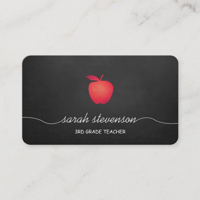 Red Apple Chalkboard School Teacher Business Card (Front)