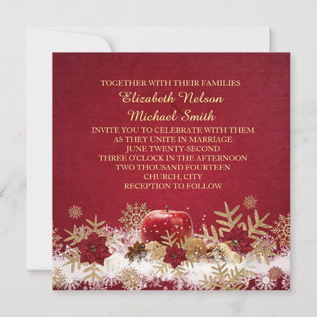 Red Apple Christmas Gold Snowflakes Wedding Invite (Front)