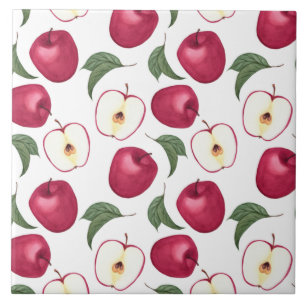 Red Apple Fruit and Apple Leaves  Ceramic Tile