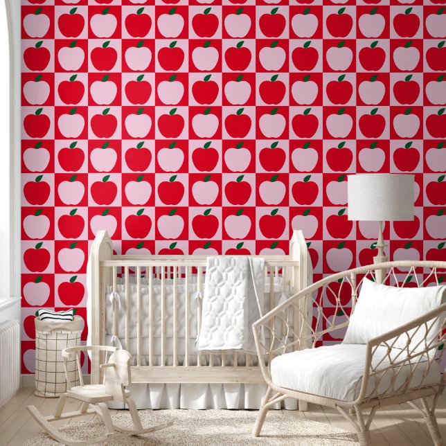 Red Apple Fruit Pattern Kids Nursery Room Wallpaper (Kids)