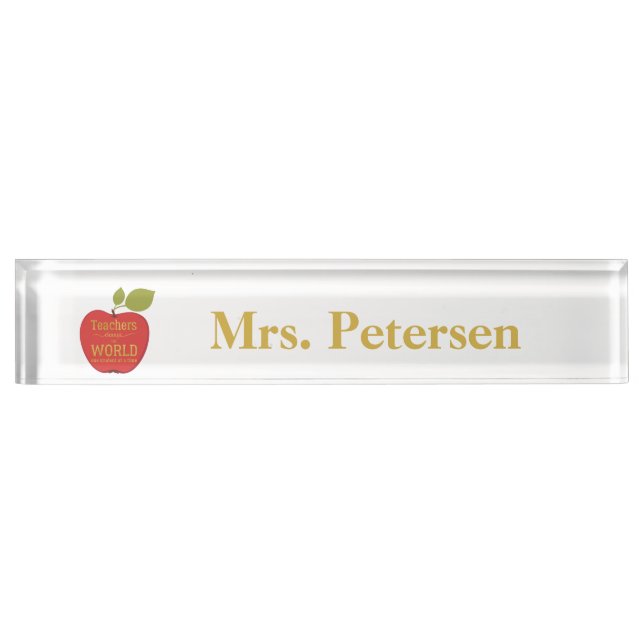 Red apple gold typography quote teacher nameplate (Front)