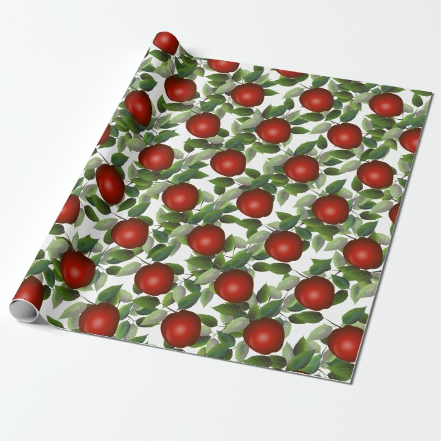 Red Apple Greenery Wrapping Paper (Unrolled)