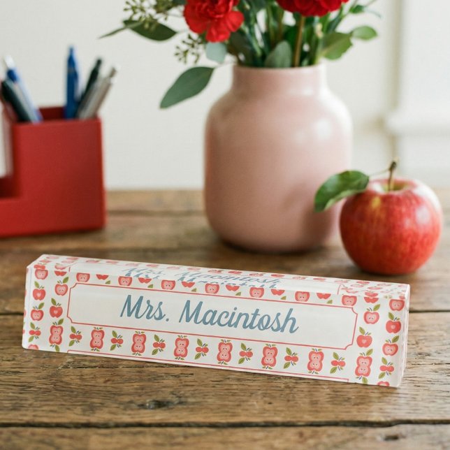 Red Apple & Heart Pattern Personalized Teacher Nameplate (Red Apple & Heart Pattern Personalized Teacher Desk Name Plate)