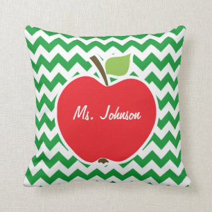 Red Apple on Retro Kelly Green Chevron Stripes Cushion