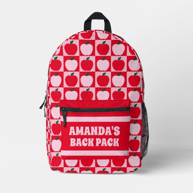 Red Apple Personalised Kids Name Printed Backpack (Front)