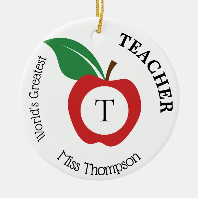 Red Apple Personalised Teacher Monogram Ceramic Ornament (Front)
