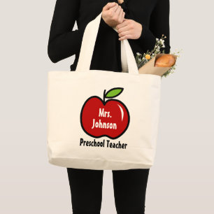 Red apple school teacher tote bag with custom name