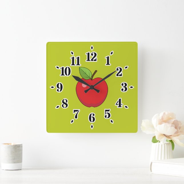 Red Apple Square Wall Clock (Home)