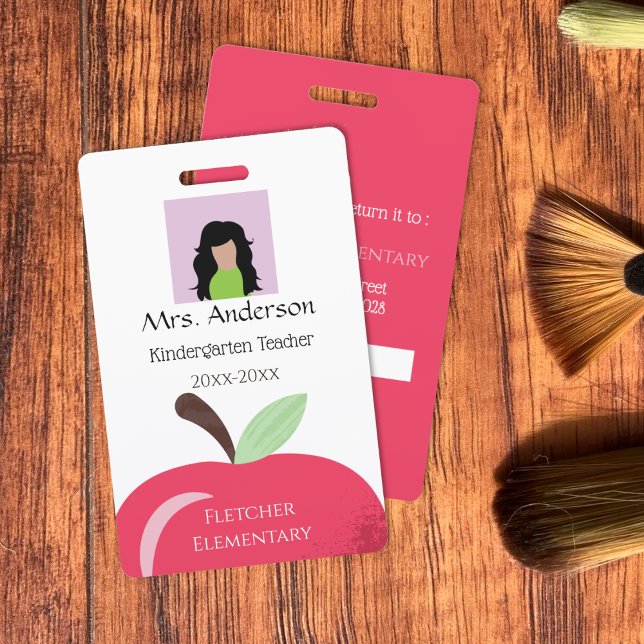 Red Apple Teacher White Photo ID Badge (Red Apple Teacher Vertical White Photo ID Badge .)