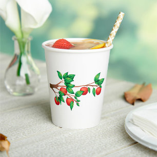 Red Apple Tree Branch Fresh Fruit and Green Leaves Paper Cups