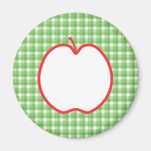 Red Apple. With Green and White Check Background. Magnet