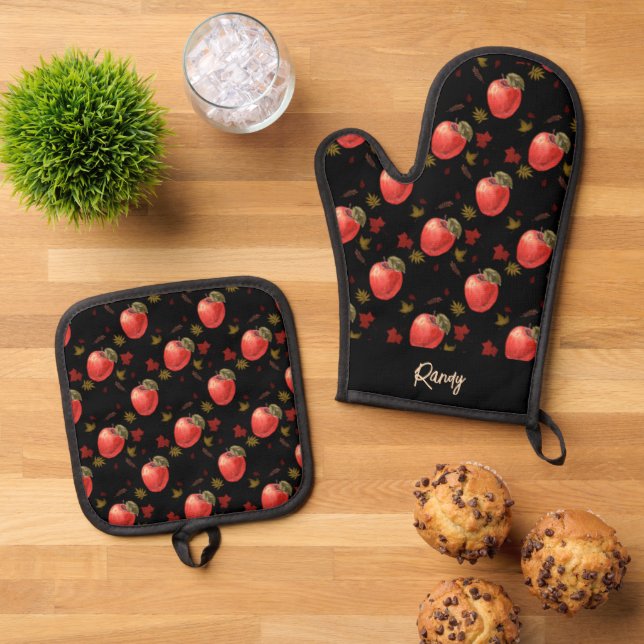 Red apples and leaves on black oven mitt & pot holder set (Top Down)