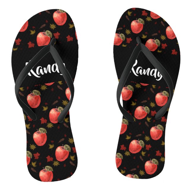 Red apples and leaves on black thongs (Footbed)