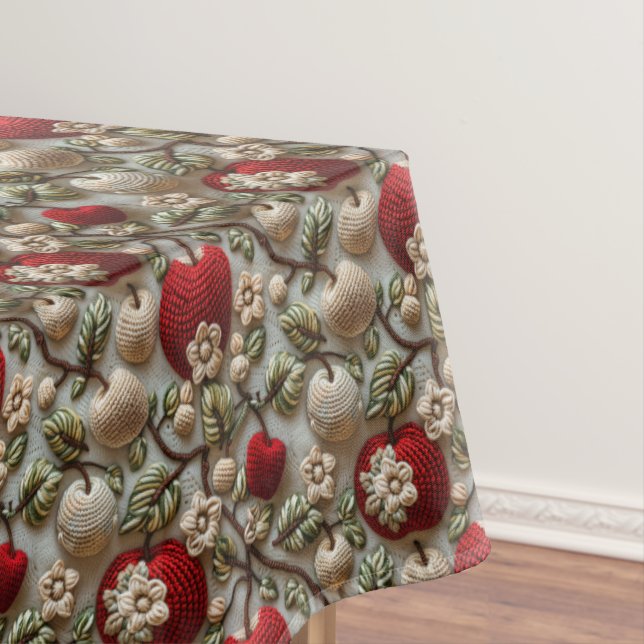 Red Apples and White Blossoms Faux Crochet  Tablecloth (In Situ)