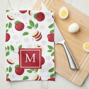 Red Apples, Blossoms Greenery Monogrammed Initial Tea Towel