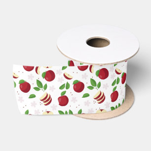 Red Apples, Blossoms & Greenery Pattern Satin Ribbon