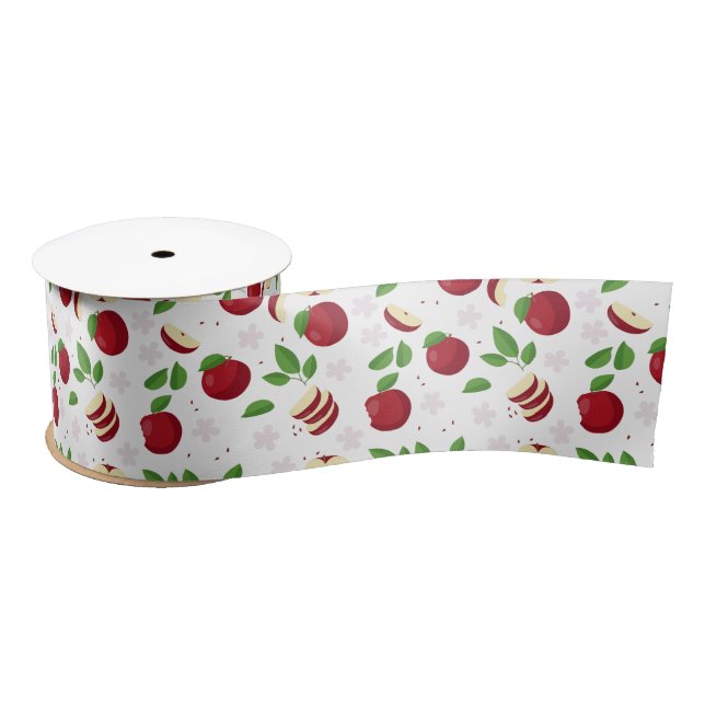 Red Apples, Blossoms & Greenery Pattern Satin Ribbon (Spool)