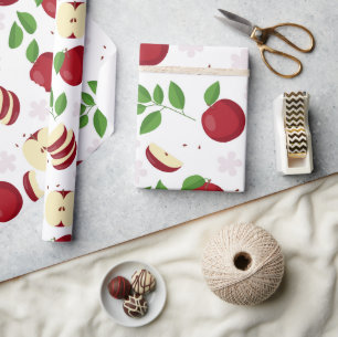 Red Apples, Blossoms & Greenery Pattern Wrapping Paper