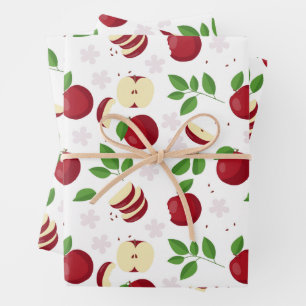 Red Apples, Blossoms & Greenery Pattern Wrapping Paper Sheet