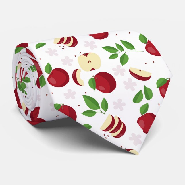 Red Apples, Blossoms & Leaf Pattern Tie (Rolled)