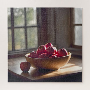 Red Apples In Wooden Bowl Jigsaw Puzzle