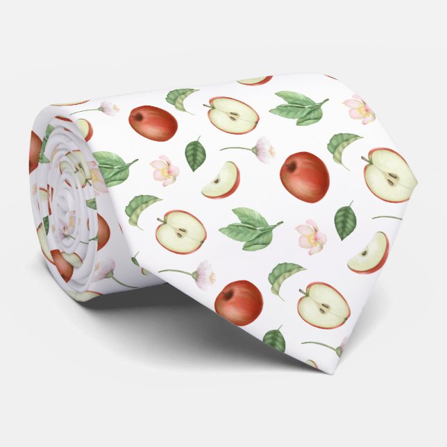 Red Apples Leaves and Blossoms Tie (Rolled)