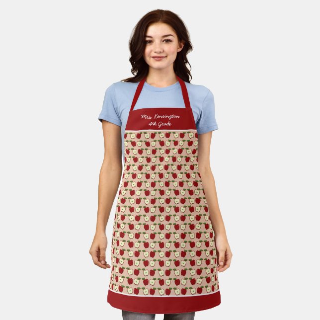 Red Apples Teacher School Pattern Personalised Apron (Worn)