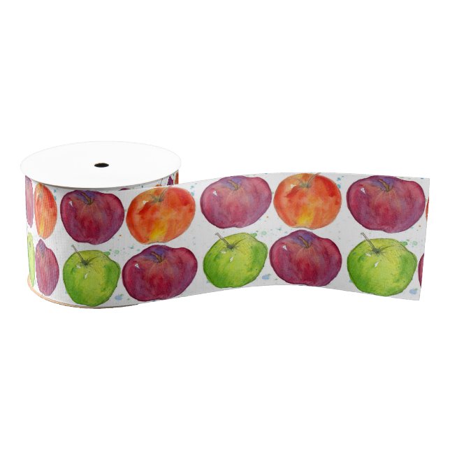 Red Apples Watercolor Fruit Illustration Grosgrain Ribbon (Spool)